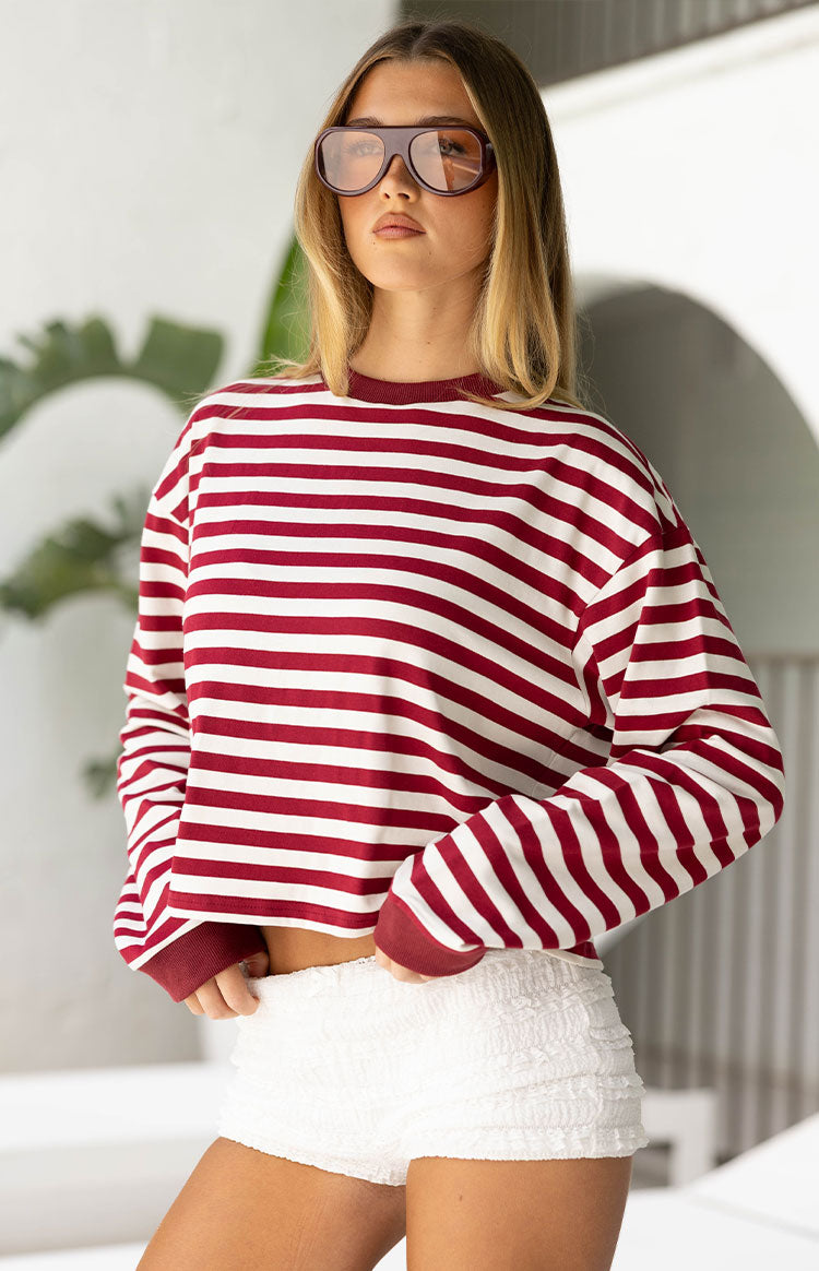 So Breezy Burgundy Stripe Long Sleeve Top — 3