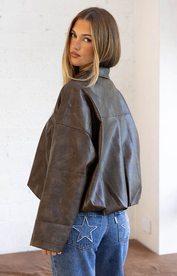 River Vintage Brown PU Bubble Hem Bomber Jacket — 1
