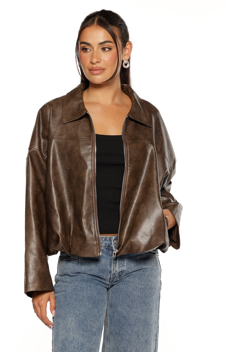 River Vintage Brown PU Bubble Hem Bomber Jacket — 2