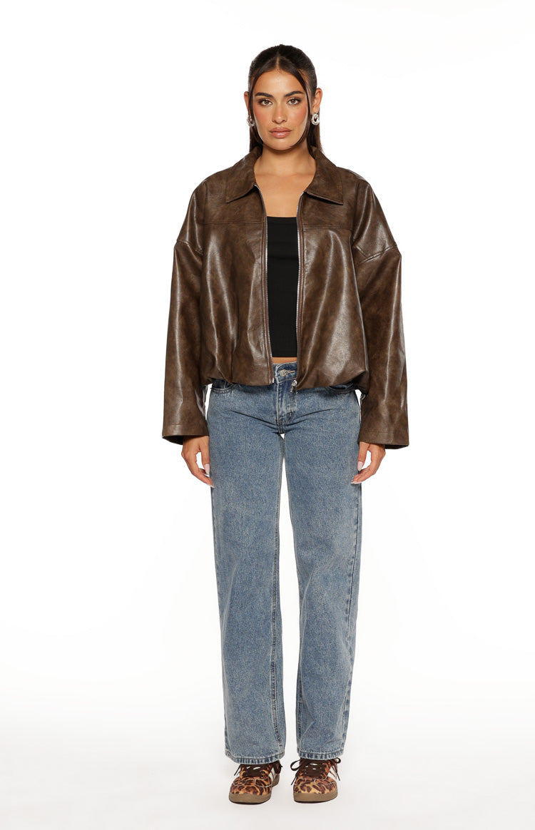 River Vintage Brown PU Bubble Hem Bomber Jacket — 5