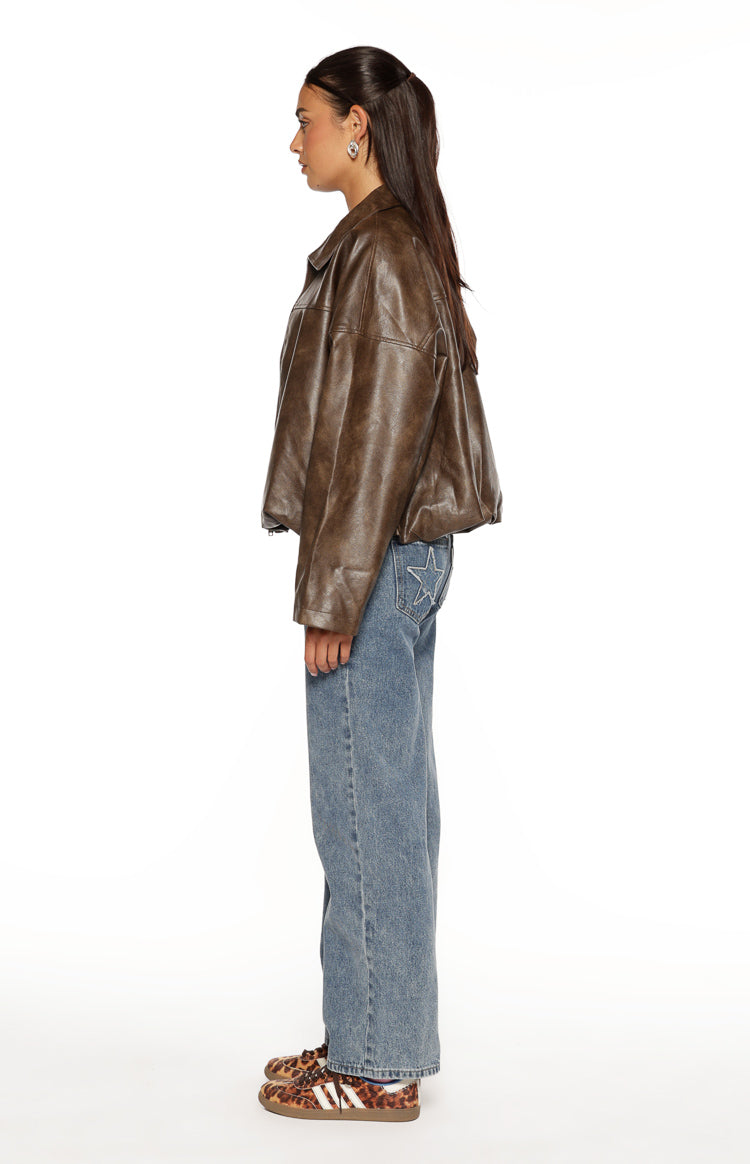 River Vintage Brown PU Bubble Hem Bomber Jacket — 6