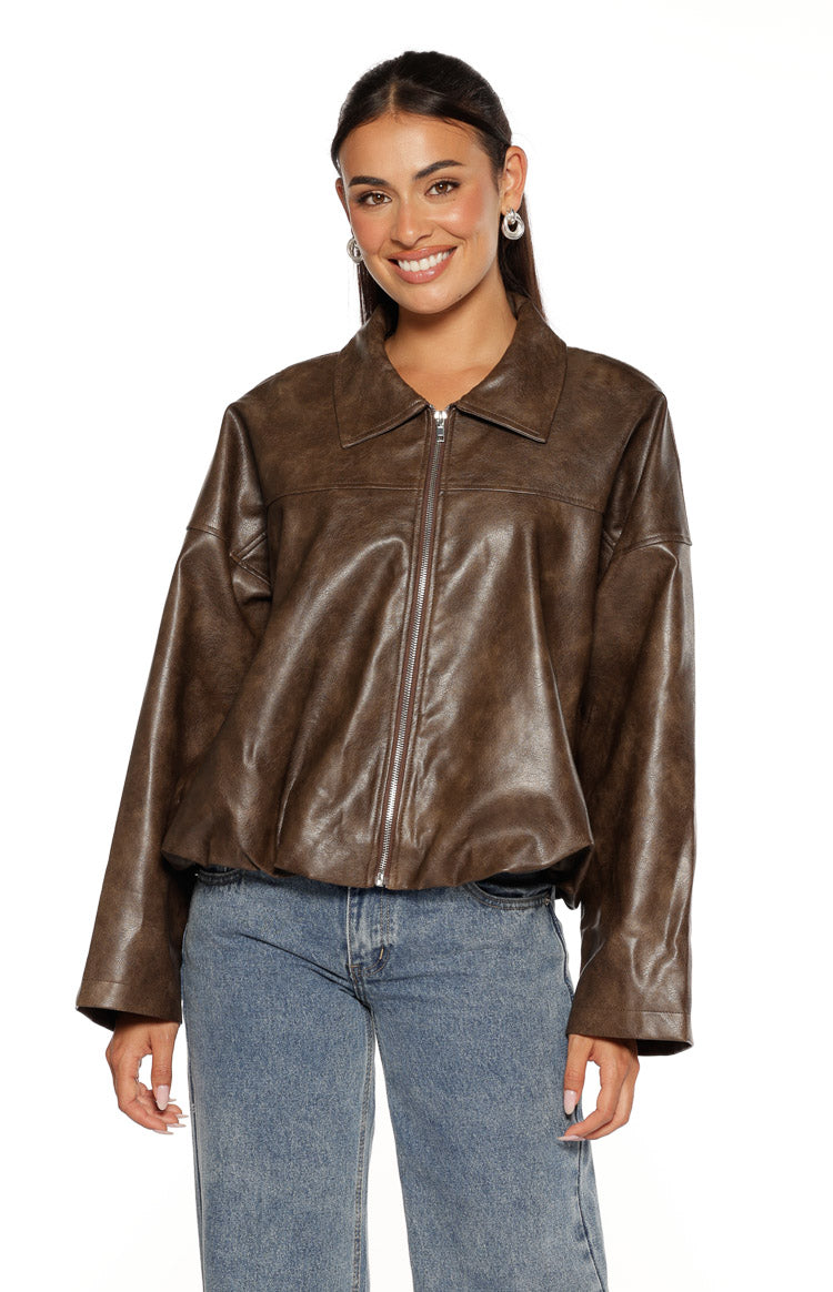 River Vintage Brown PU Bubble Hem Bomber Jacket — 8