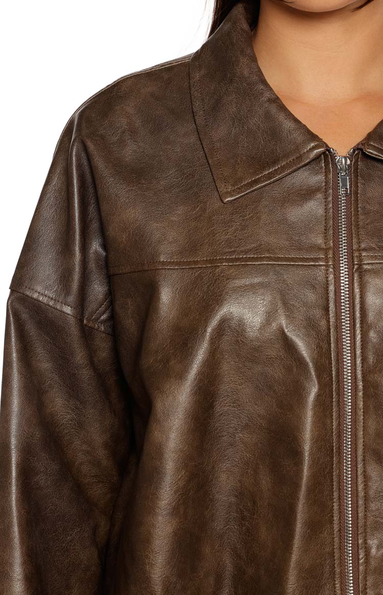 River Vintage Brown PU Bubble Hem Bomber Jacket — 9