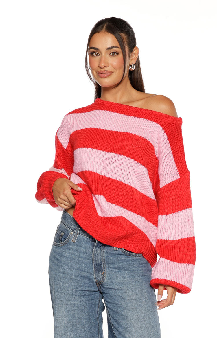 Finley Red and Pink Stripe Off Shoulder Knit Sweater — 2