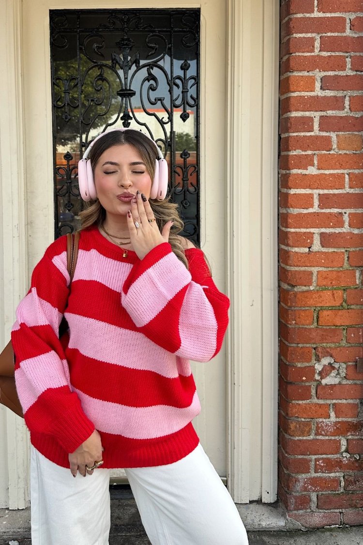 Finley Red and Pink Stripe Off Shoulder Knit Sweater — 6