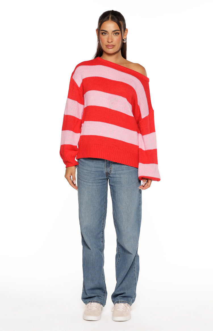 Finley Red and Pink Stripe Off Shoulder Knit Sweater — 7