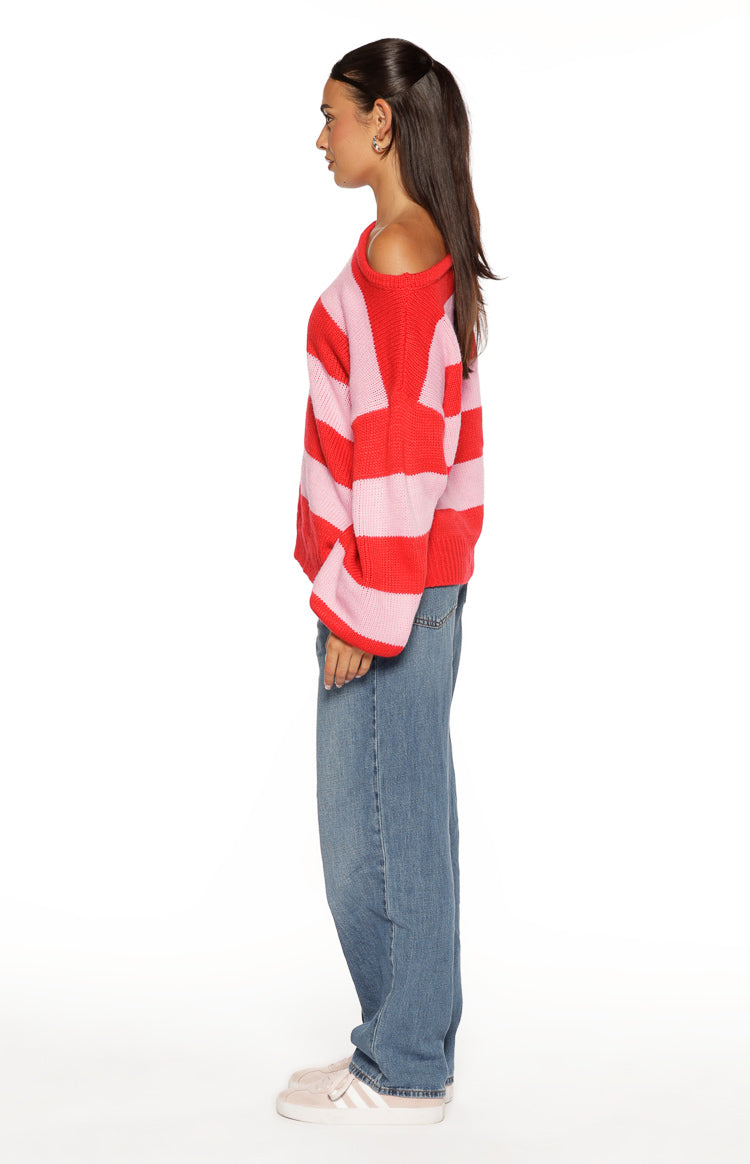 Finley Red and Pink Stripe Off Shoulder Knit Sweater — 8