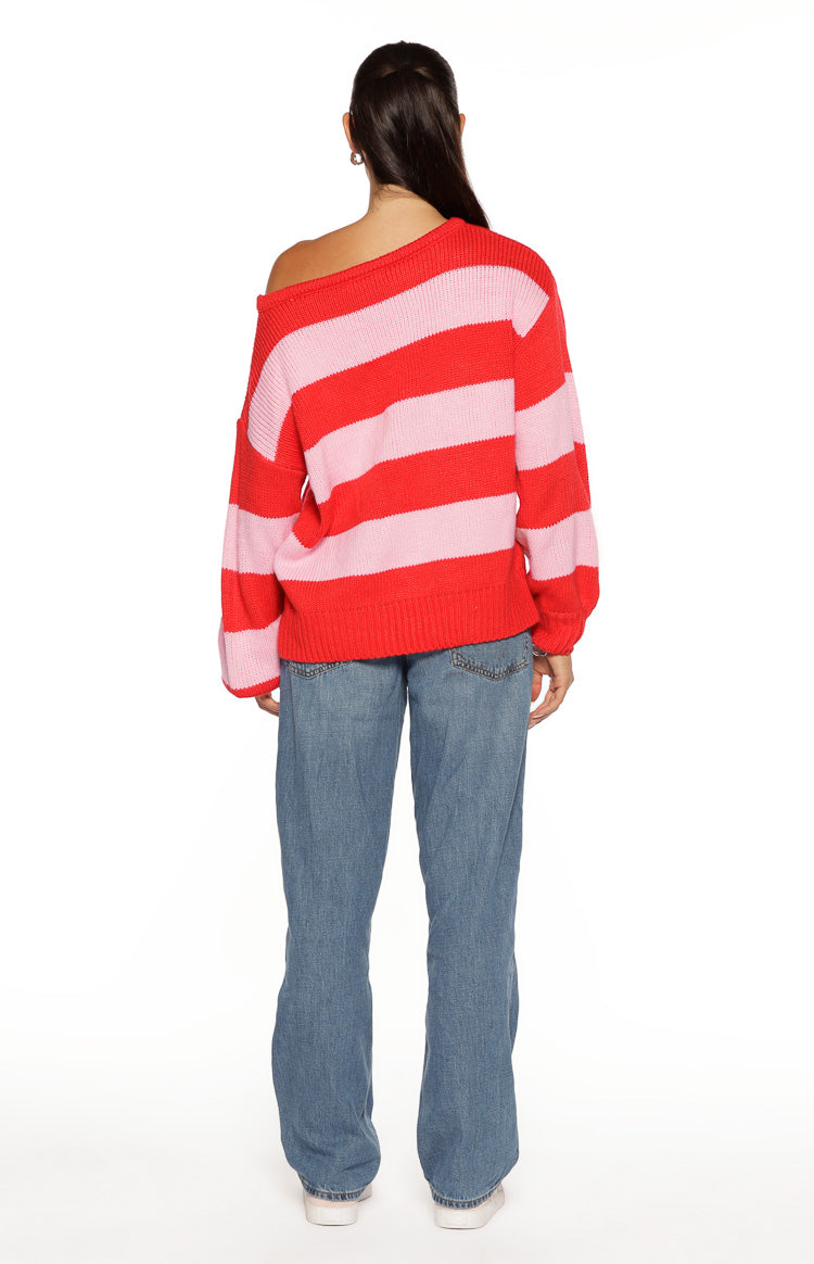 Finley Red and Pink Stripe Off Shoulder Knit Sweater — 9