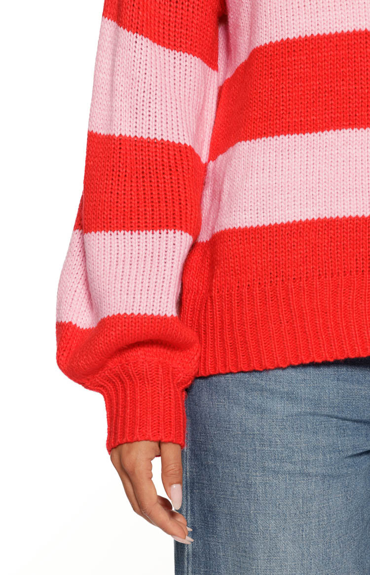 Finley Red and Pink Stripe Off Shoulder Knit Sweater — 10