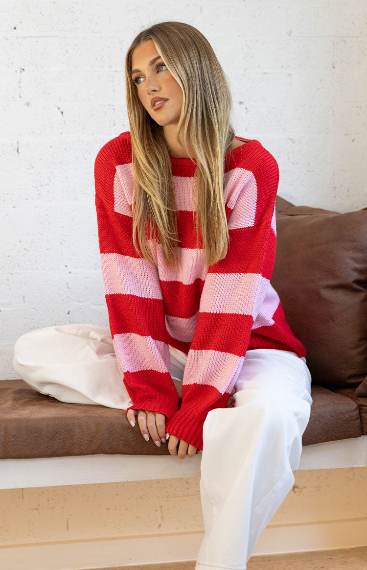 Finley Red and Pink Stripe Off Shoulder Knit Sweater — 11