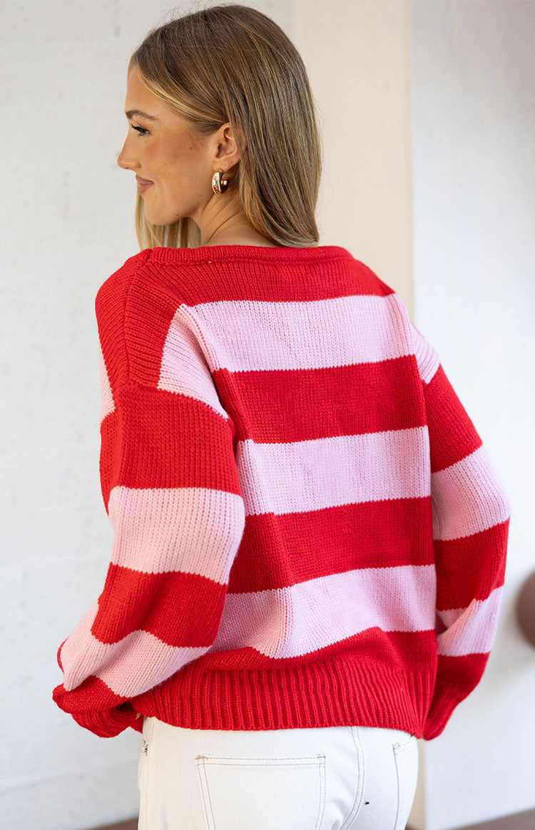 Finley Red and Pink Stripe Off Shoulder Knit Sweater — 13