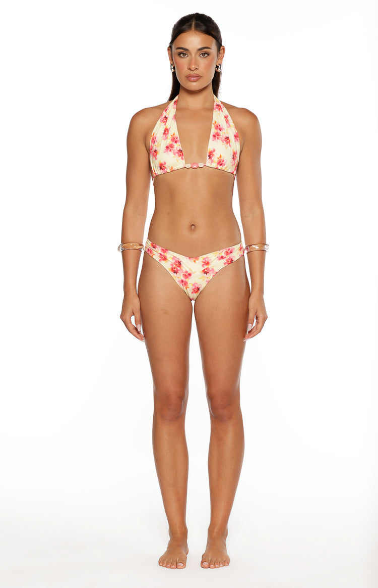Sunbeam Yellow and Pink Floral Print Halter Bikini Top — 5