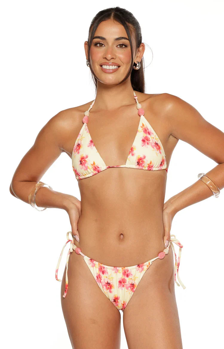 Palmera Yellow and Pink Floral Print Beaded Triangle Bikini Top — 3