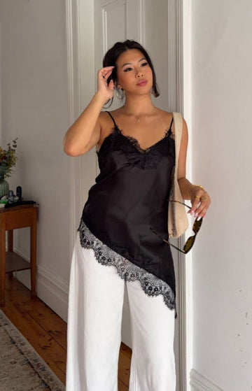 Ziva Black Satin Lace Trim Asymmetrical Top — 1