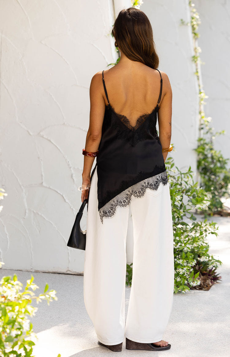 Ziva Black Satin Lace Trim Asymmetrical Top — 8