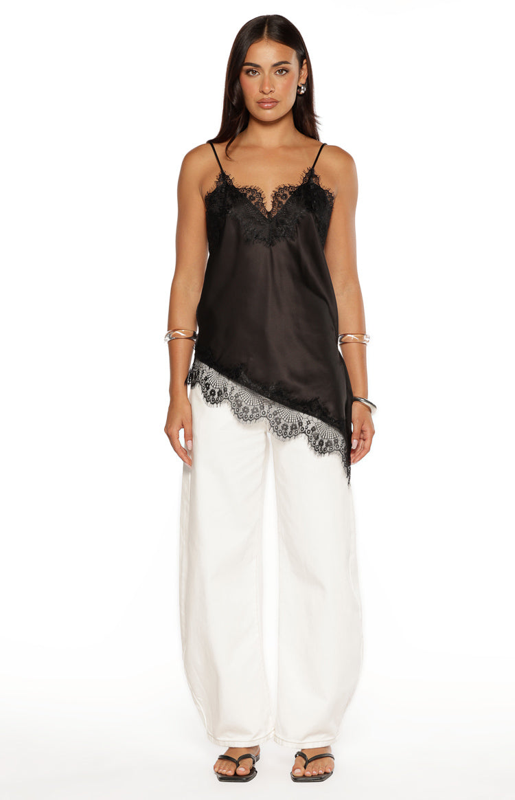 Ziva Black Satin Lace Trim Asymmetrical Top — 9