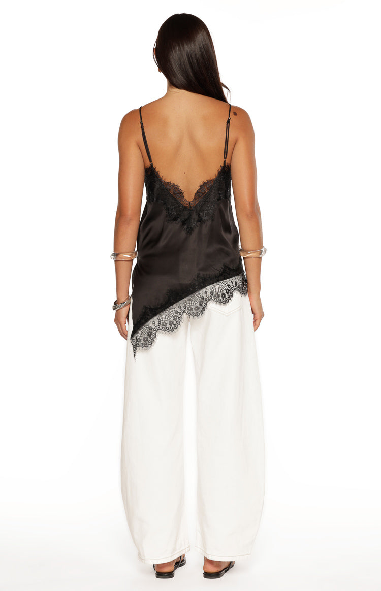 Ziva Black Satin Lace Trim Asymmetrical Top — 11