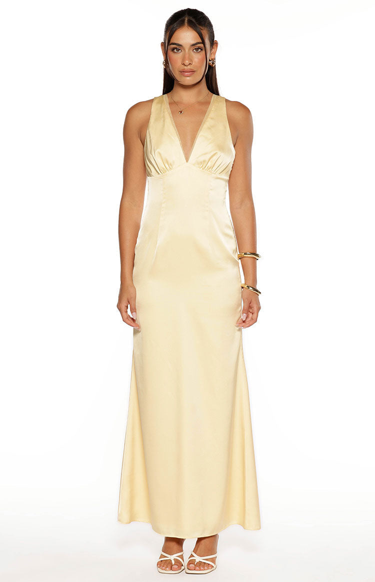 Nicolina Yellow Satin Formal Maxi Dress — 3