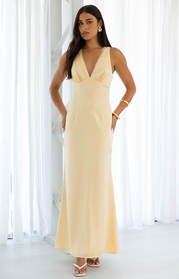 Nicolina Yellow Satin Formal Maxi Dress — 6