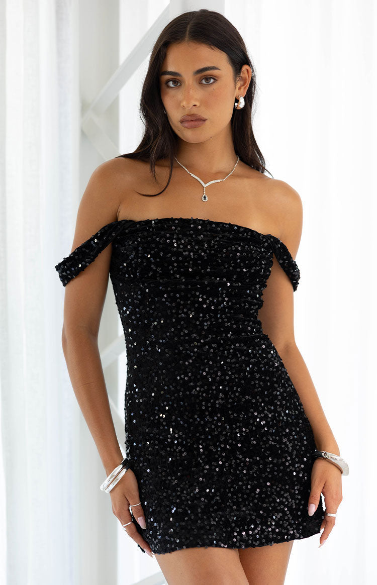 Zoella Black Velvet Sequin Off The Shoulder Mini Dress — 1