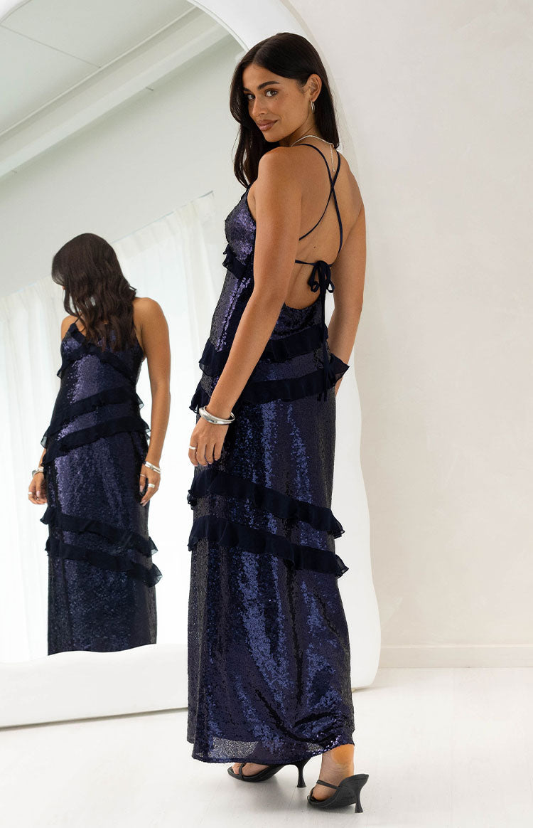 Inara Navy Sequin Ruffle Maxi Dress — 4