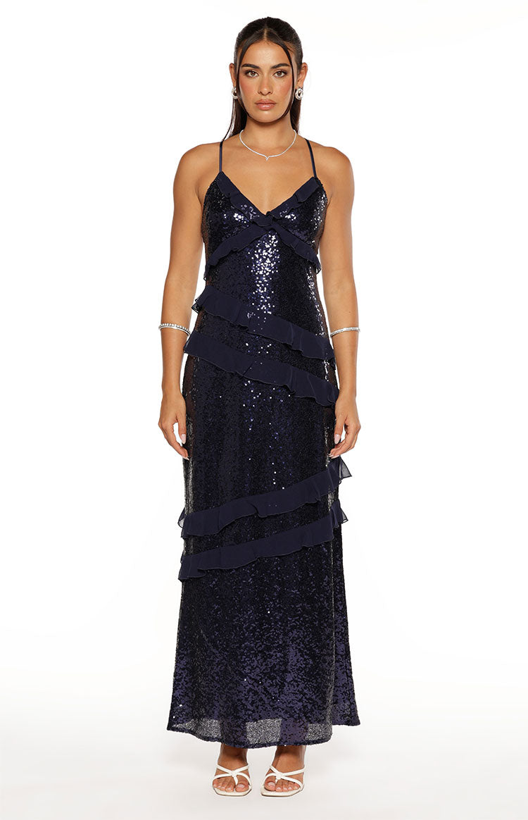 Inara Navy Sequin Ruffle Maxi Dress — 5