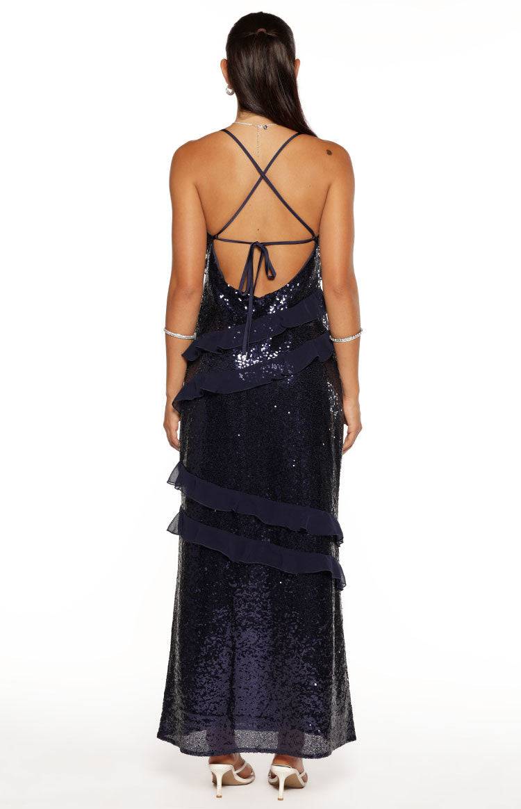 Inara Navy Sequin Ruffle Maxi Dress — 7