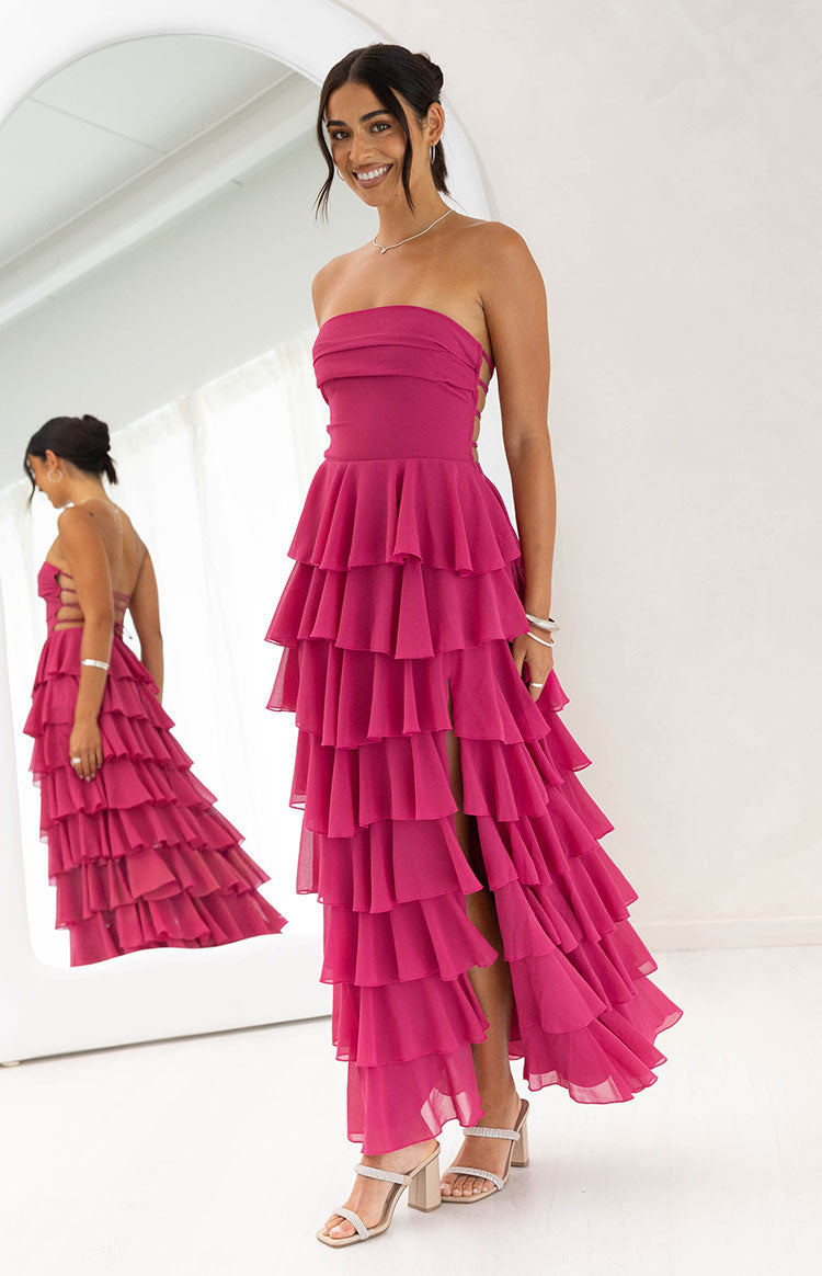 Kim Fuchsia Strapless Ruffle Maxi Dress — 1