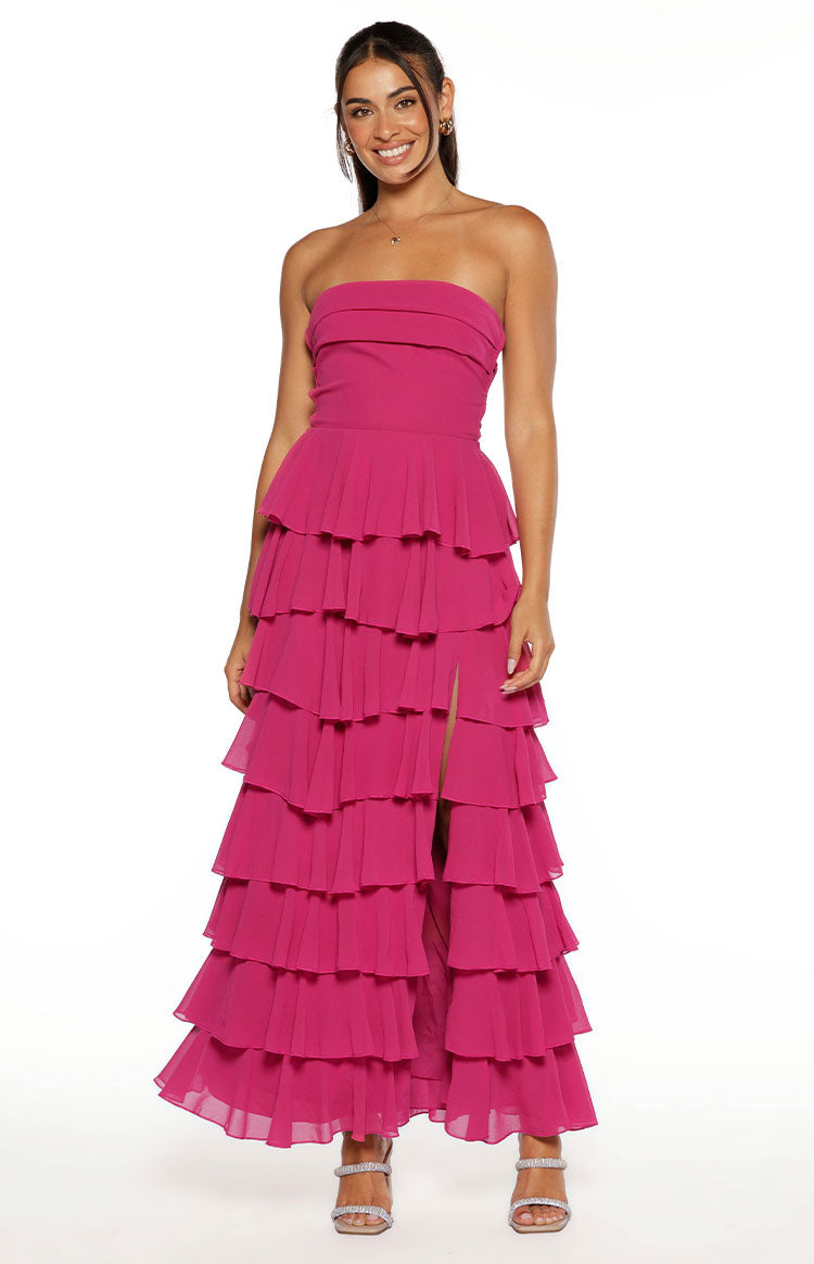 Kim Fuchsia Strapless Ruffle Maxi Dress — 1