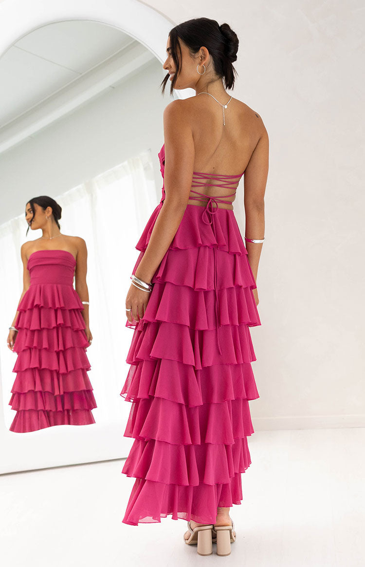 Kim Fuchsia Strapless Ruffle Maxi Dress — 3