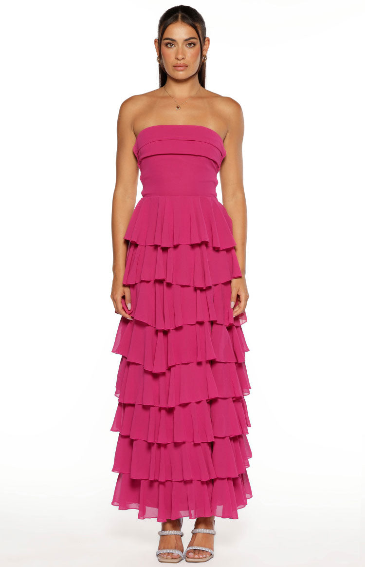 Kim Fuchsia Strapless Ruffle Maxi Dress — 5
