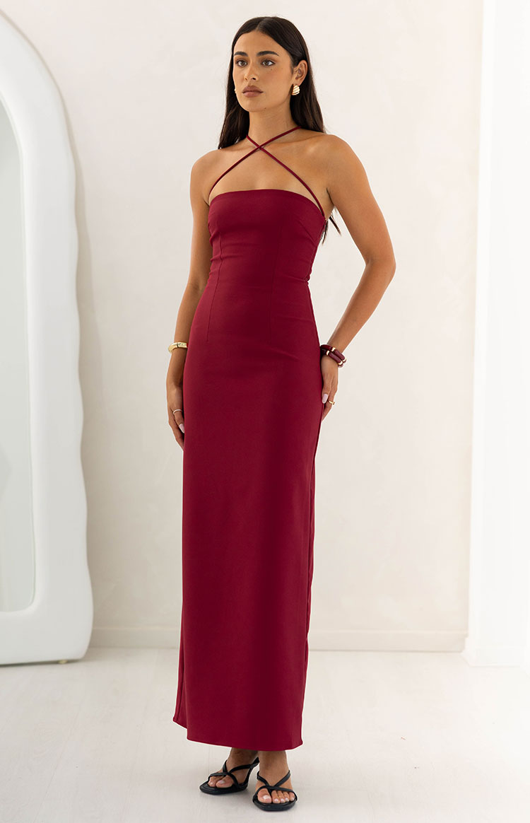 Del Mar Burgundy Crepe Formal Maxi Dress — 7