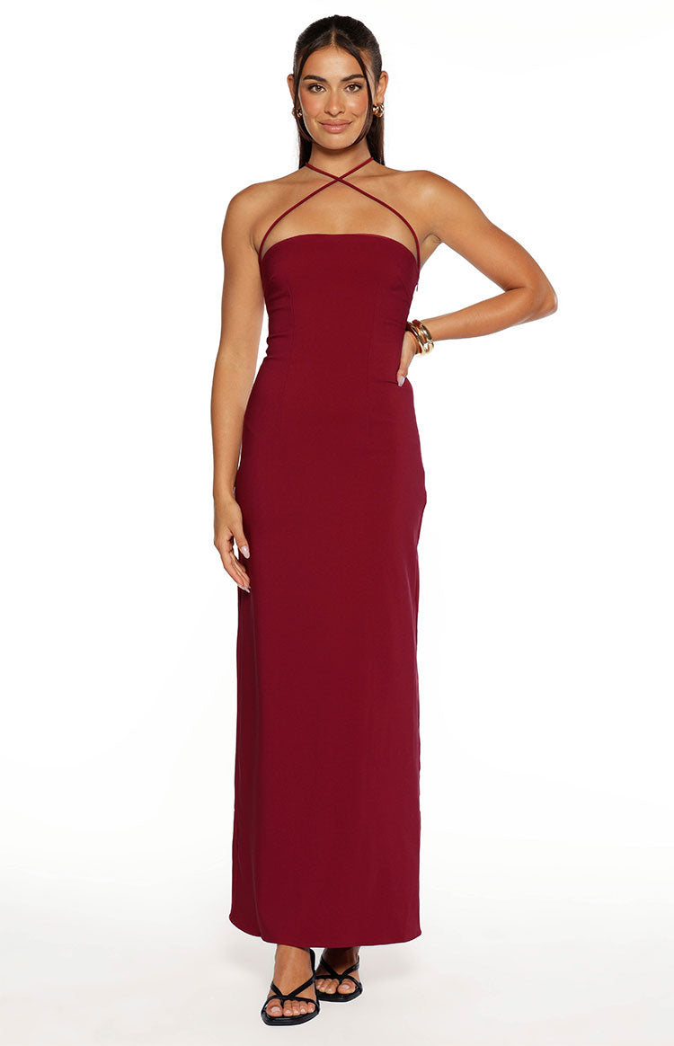 Del Mar Burgundy Crepe Formal Maxi Dress — 8