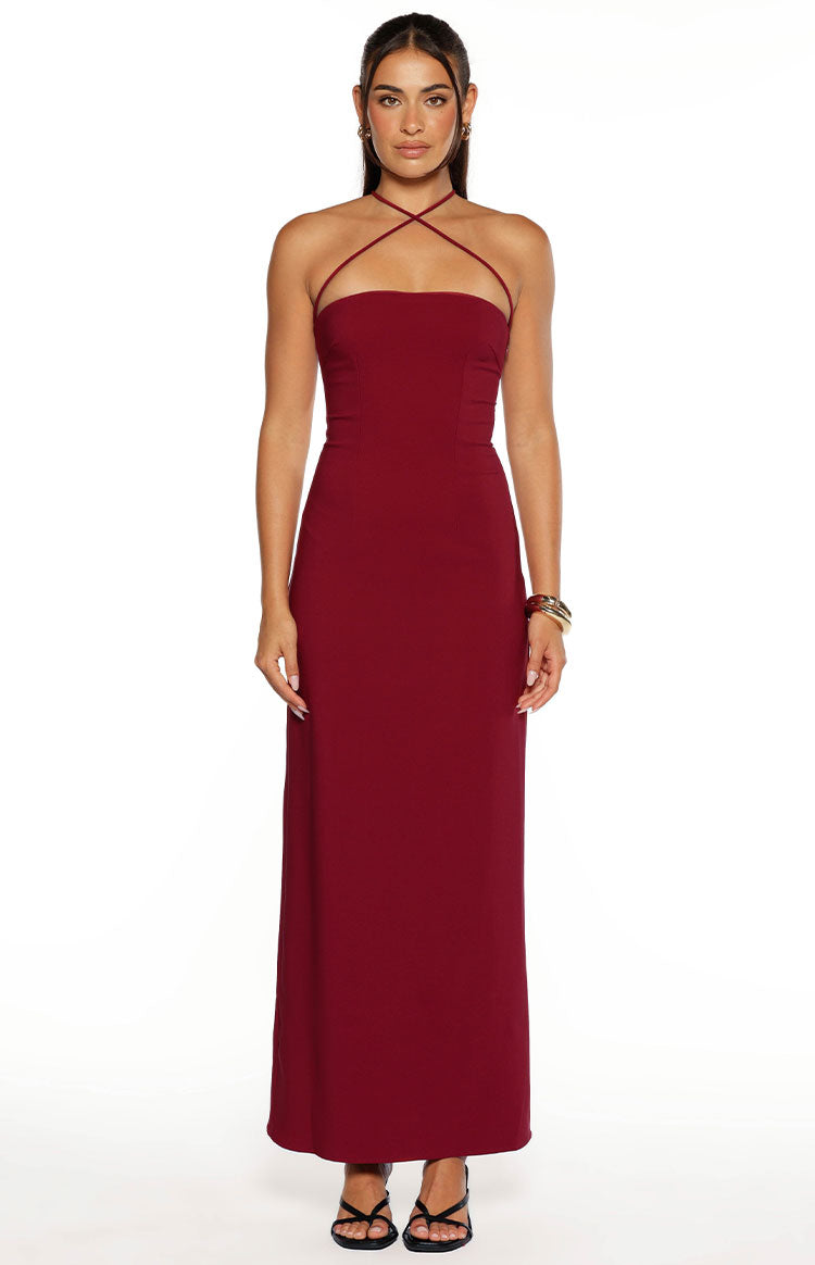 Del Mar Burgundy Crepe Formal Maxi Dress — 11