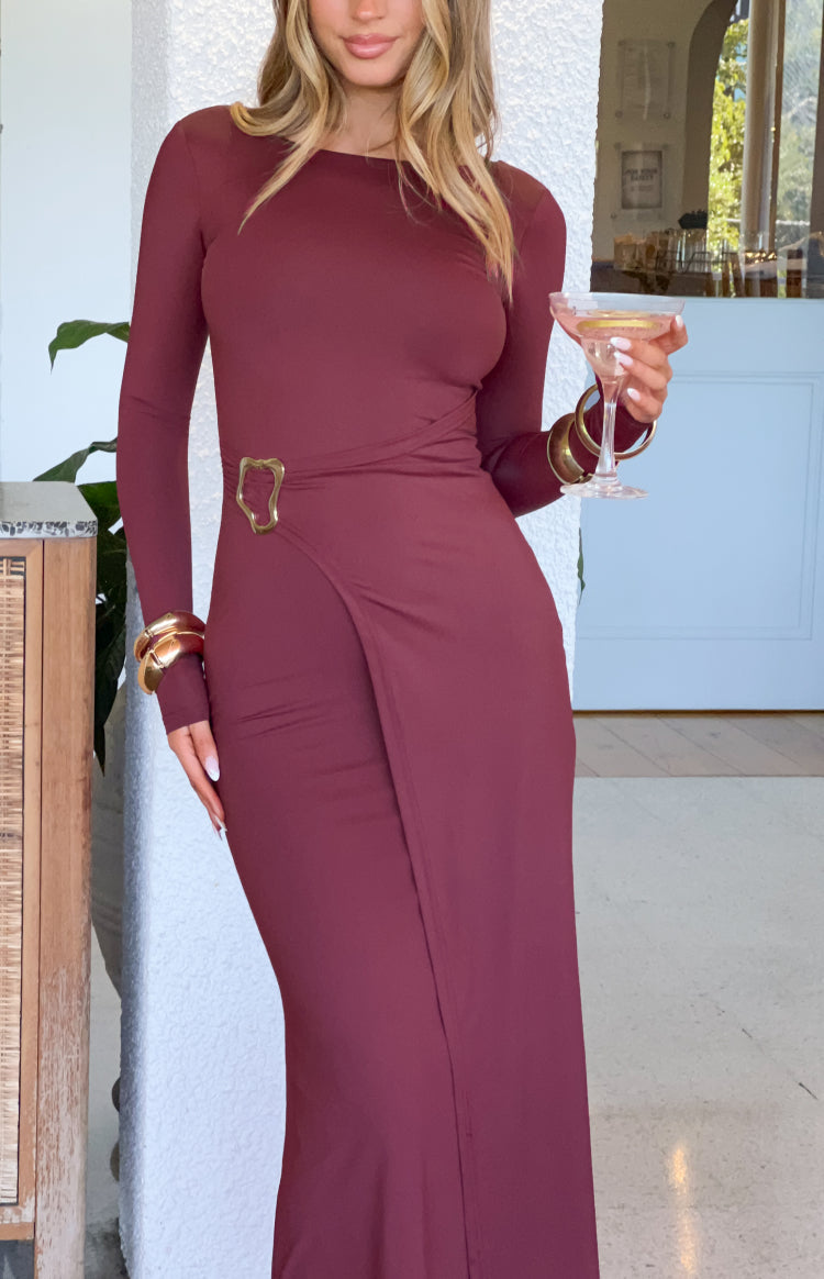 Misaki Burgundy Long Sleeve Wrap Maxi Dress — 1