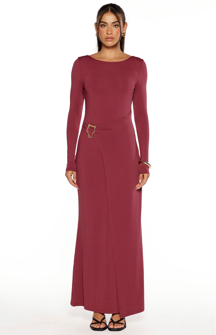 Misaki Burgundy Long Sleeve Wrap Maxi Dress — 1