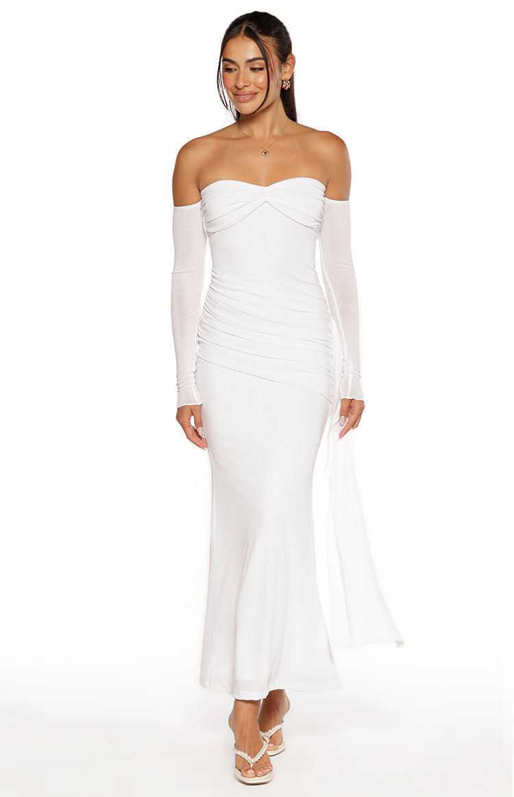 Breanna White Long Sleeve Ruched Maxi Dress — 2