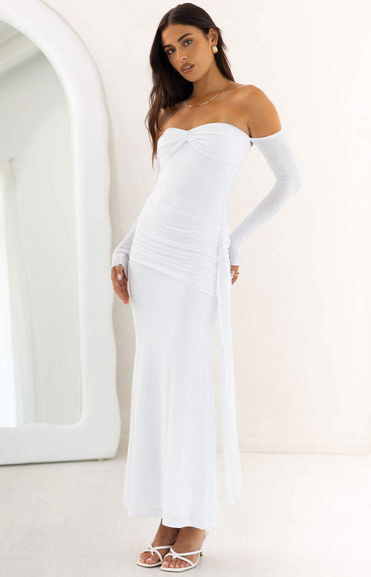Breanna White Long Sleeve Ruched Maxi Dress — 3