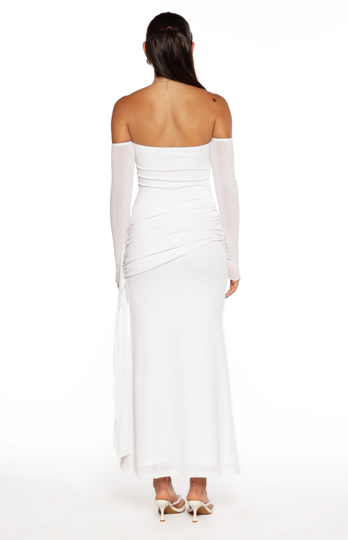 Breanna White Long Sleeve Ruched Maxi Dress — 4