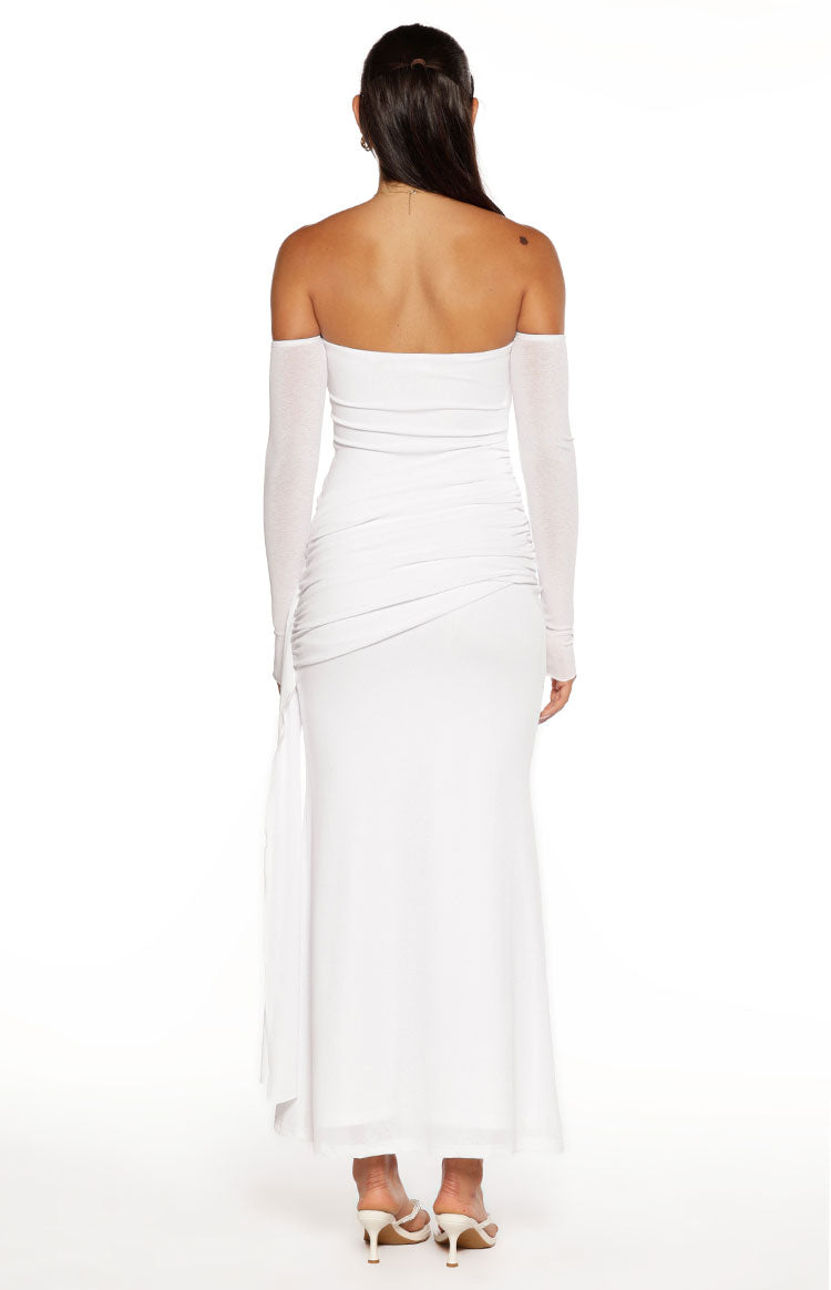 Breanna White Long Sleeve Ruched Maxi Dress — 6