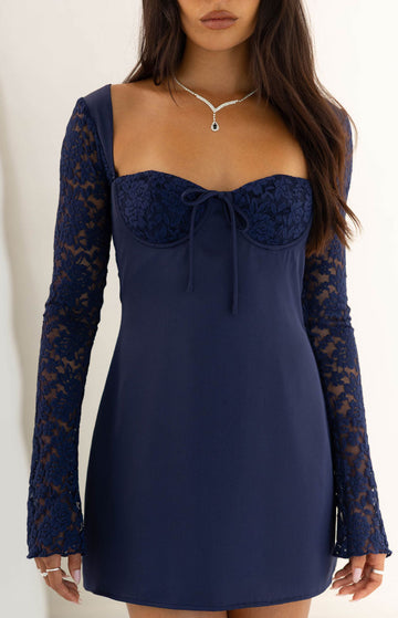 Verity Navy Lace Long SLeeve Mini Dress — 1