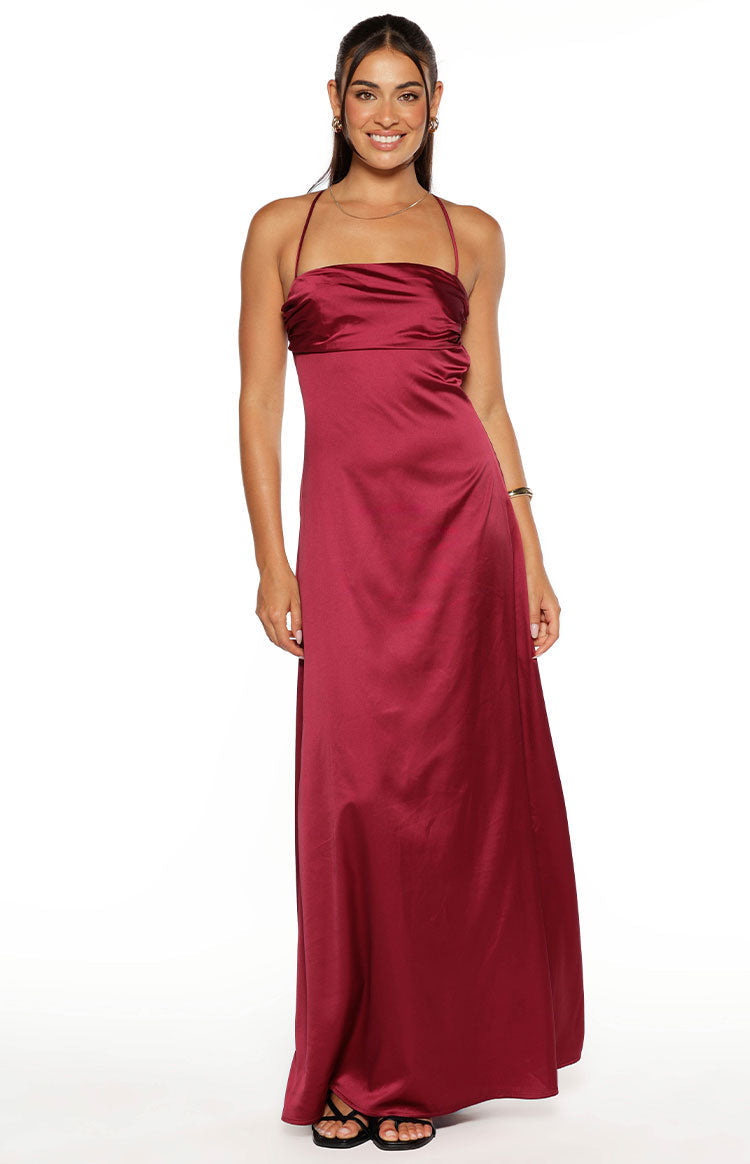 Blaise Burgundy Satin Maxi Dress — 1