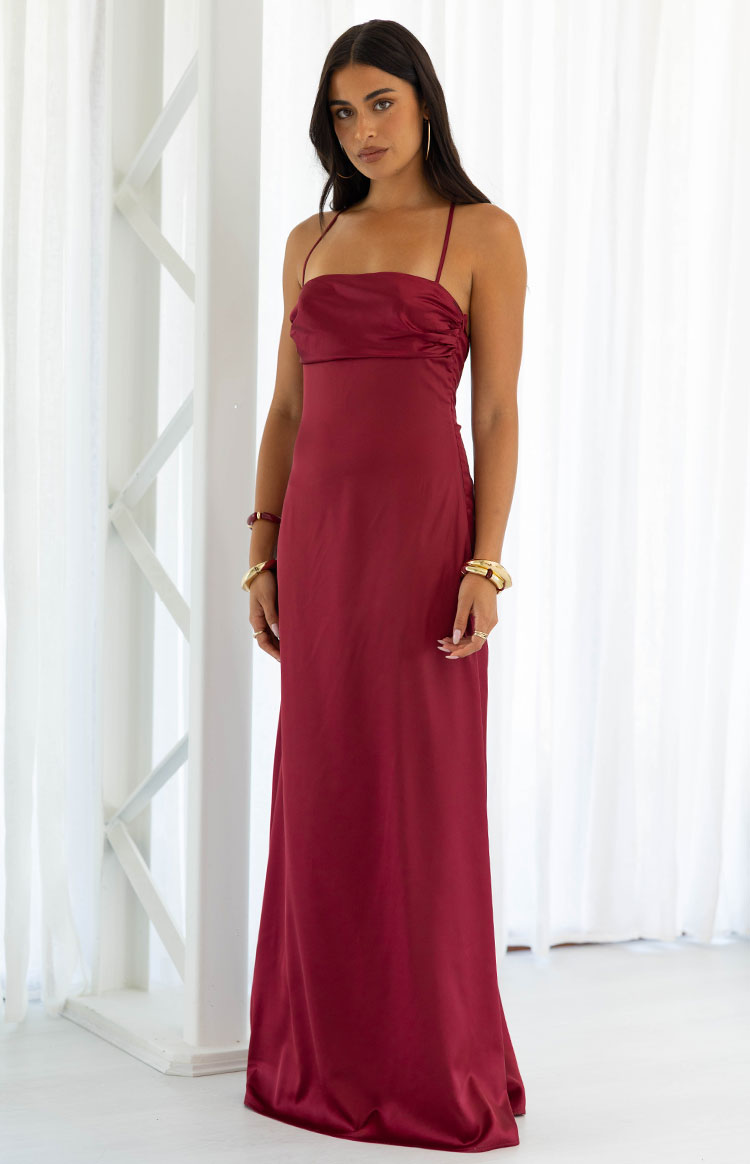 Blaise Burgundy Satin Maxi Dress — 3