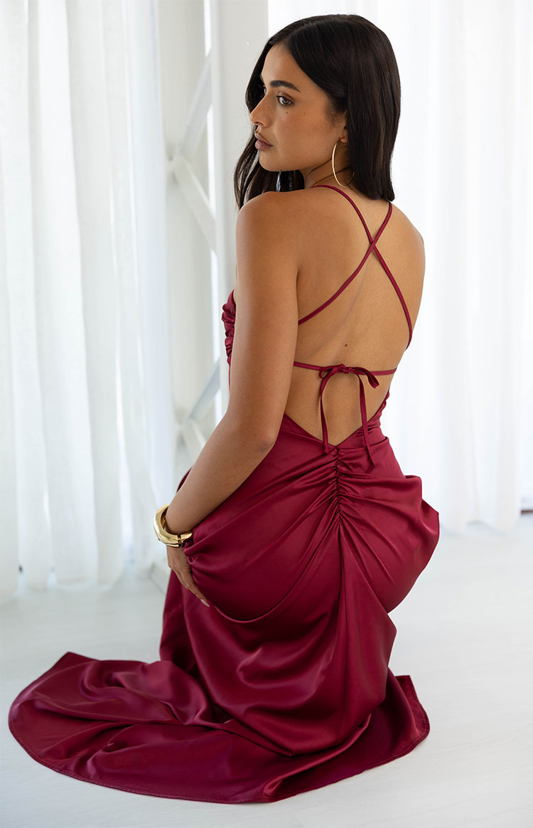 Blaise Burgundy Satin Maxi Dress — 4