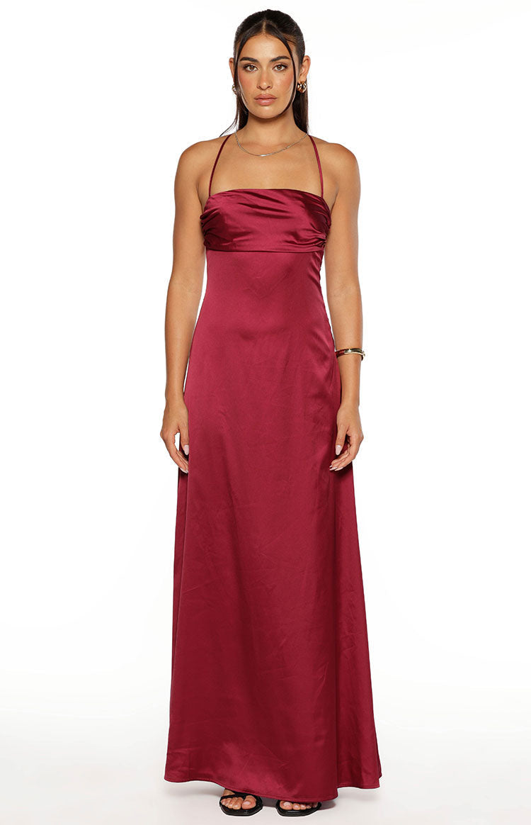Blaise Burgundy Satin Maxi Dress — 5