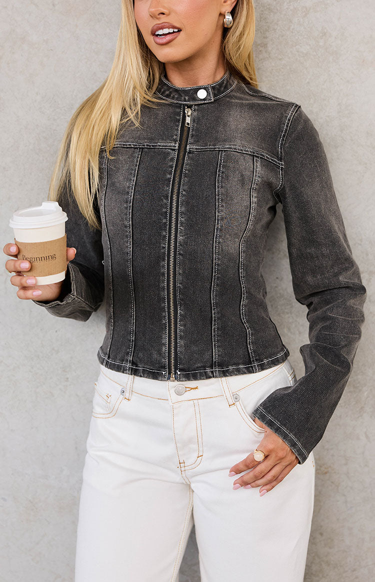 Corey Black Washed Denim Biker Jacket — 4
