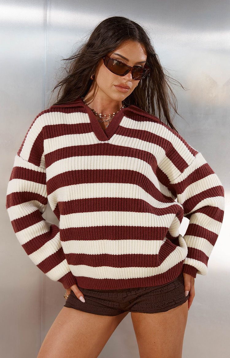 Daze Burgundy Stripe Polo Knit Sweater — 6