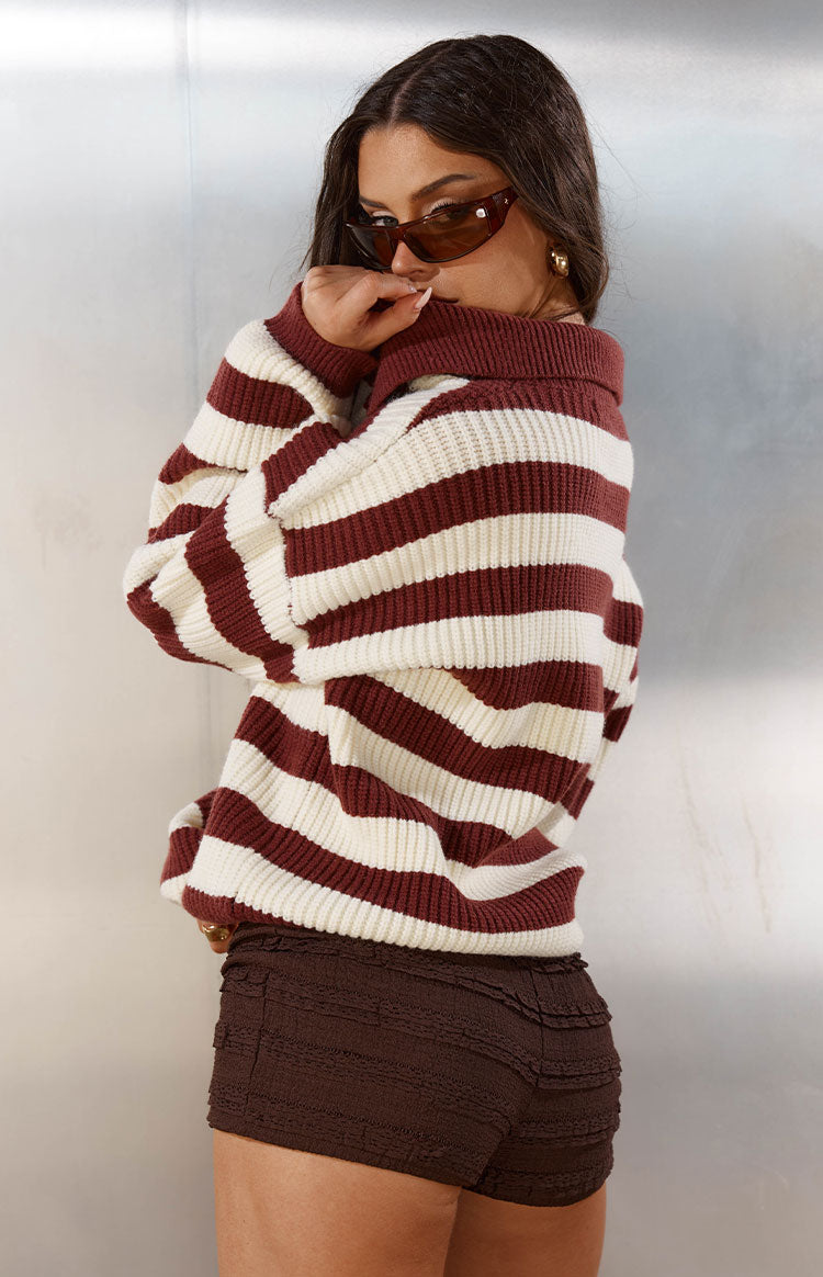 Daze Burgundy Stripe Polo Knit Sweater — 7