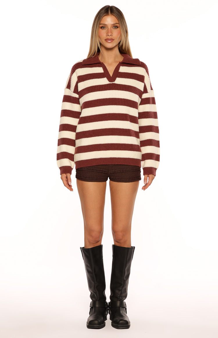 Daze Burgundy Stripe Polo Knit Sweater — 10