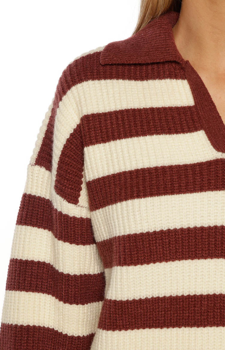 Daze Burgundy Stripe Polo Knit Sweater — 13
